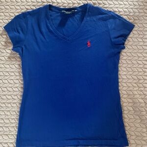 Ralph Lauren Women's V-Neck Tee in Bright Blue with Red Logo